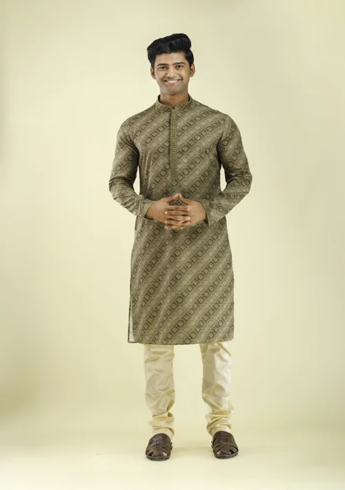 Nawab Parker Mehndi Brown Taupe Printed Kurta Pajama for Men full front view