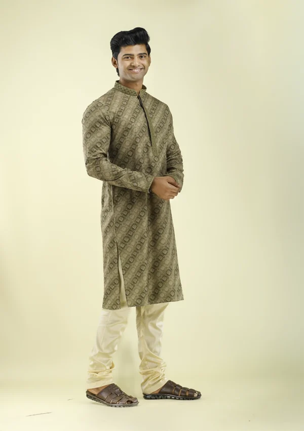 Nawab Parker Mehndi Brown Taupe Printed Kurta Pajama for Men left view