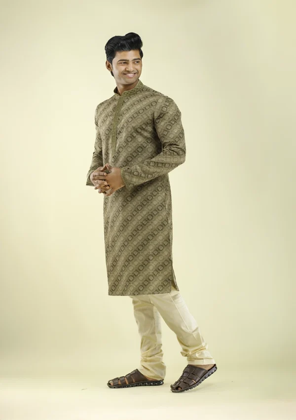 Nawab Parker Mehndi Brown Taupe Printed Kurta Pajama for Men right view