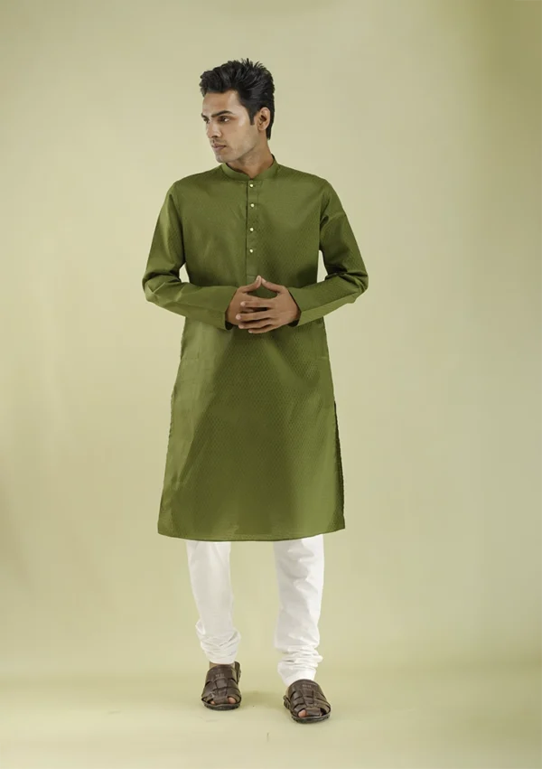 Nawab Parker Men's Dark Green Kurta Pajama with Buttoned Design front view