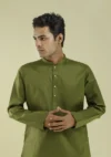 Nawab Parker Men's Dark Green Kurta Pajama with Buttoned Design half front view