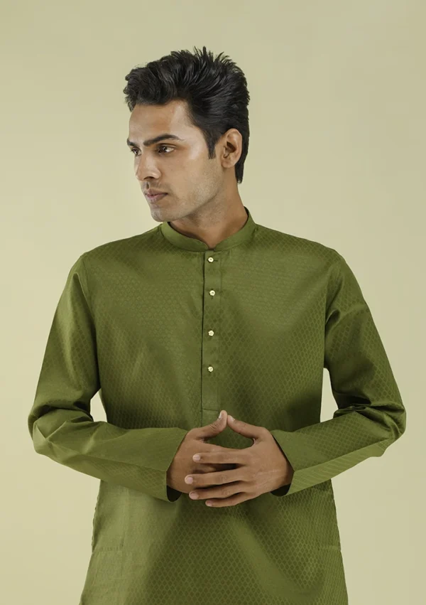 Nawab Parker Men's Dark Green Kurta Pajama with Buttoned Design half front view