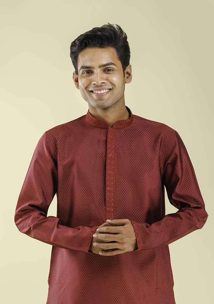 Our Story nawab parker men deep maroon kurta pajama textured festive wear half front view