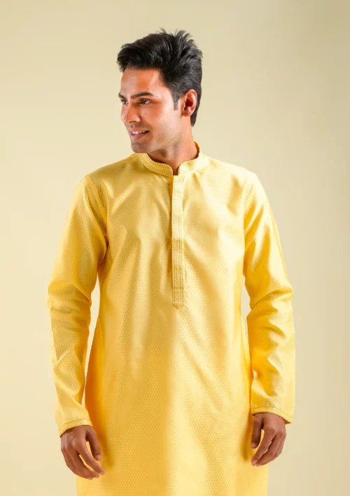 Nawab Parker men's designer yellow fancy kurta pajama set front half view