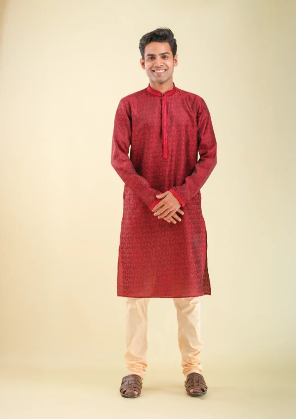 Nawab Parker Men's Ethnic Maroon Kurta Pajama with Unique Pattern front full view