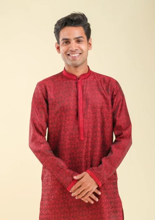 Nawab Parker Men's Ethnic Maroon Kurta Pajama with Unique Pattern front kurta view