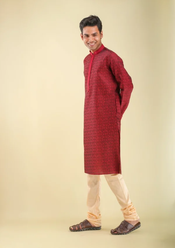 Nawab Parker Men's Ethnic Maroon Kurta Pajama with Unique Pattern left view
