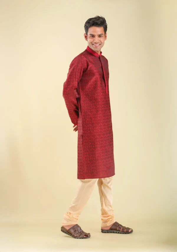 Nawab Parker Men's Ethnic Maroon Kurta Pajama with Unique Pattern right view
