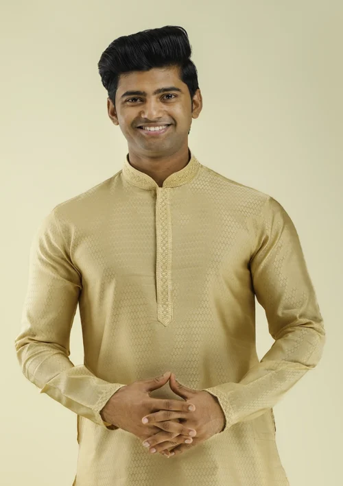 Nawab Parker Men's Fancy Brocade Kurta Pajama with Woven Design half front view