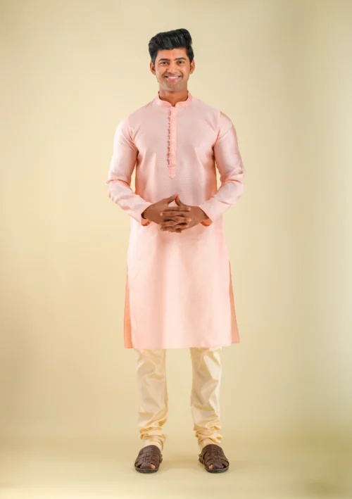 Nawab Parker Men's Fancy Light Pink Kurta Pajama for Ethnic Look front full view