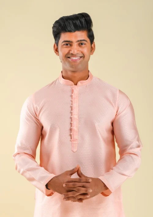 Nawab Parker Men's Fancy Light Pink Kurta Pajama for Ethnic Look front kurta view