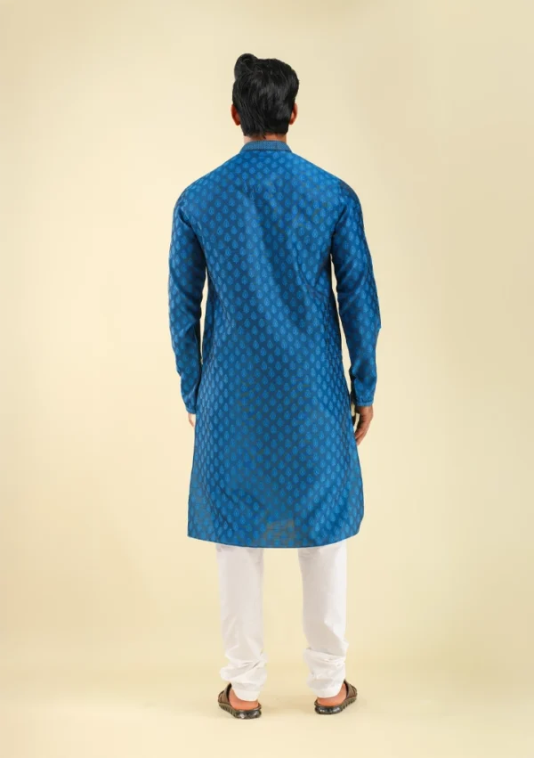 Nawab Parker Men's Festive Blue Kurta Pajama With Leaf Motifs back view