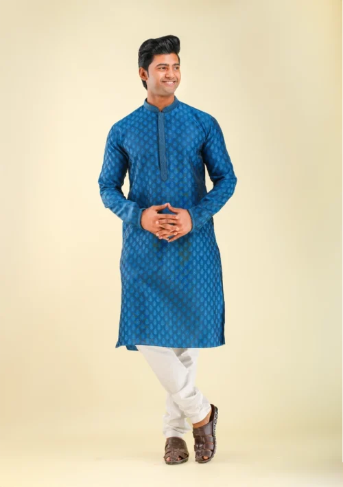 Nawab Parker Men's Festive Blue Kurta Pajama With Leaf Motifs front full view