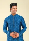 Nawab Parker Men's Festive Blue Kurta Pajama With Leaf Motifs front kurta view