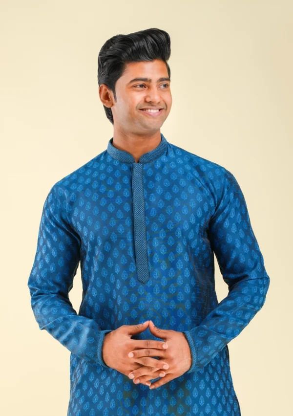 Nawab Parker Men's Festive Blue Kurta Pajama With Leaf Motifs front kurta view