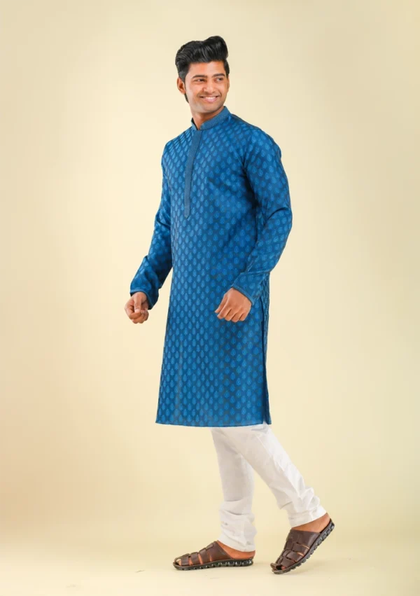 Nawab Parker Men's Festive Blue Kurta Pajama With Leaf Motifs left view