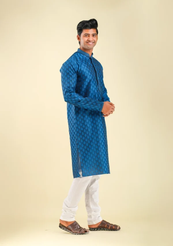 Nawab Parker Men's Festive Blue Kurta Pajama With Leaf Motifs right view