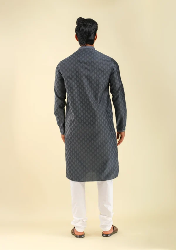 Nawab Parker Men's Gray Kurta Pajama with Leafy Motif for Wedding Attire back view