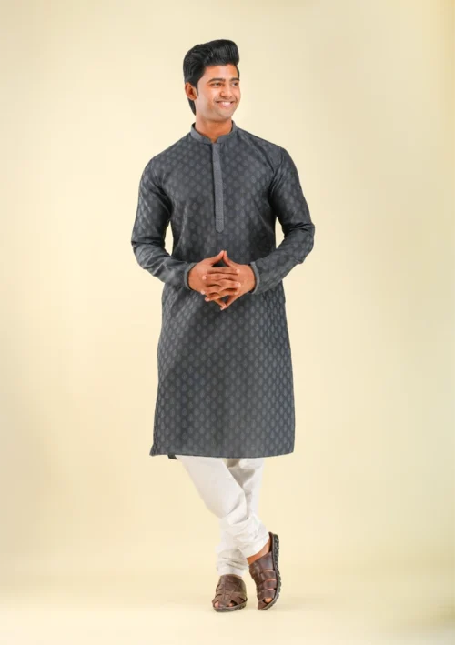 Nawab Parker Men's Gray Kurta Pajama with Leafy Motif for Wedding Attire front full view