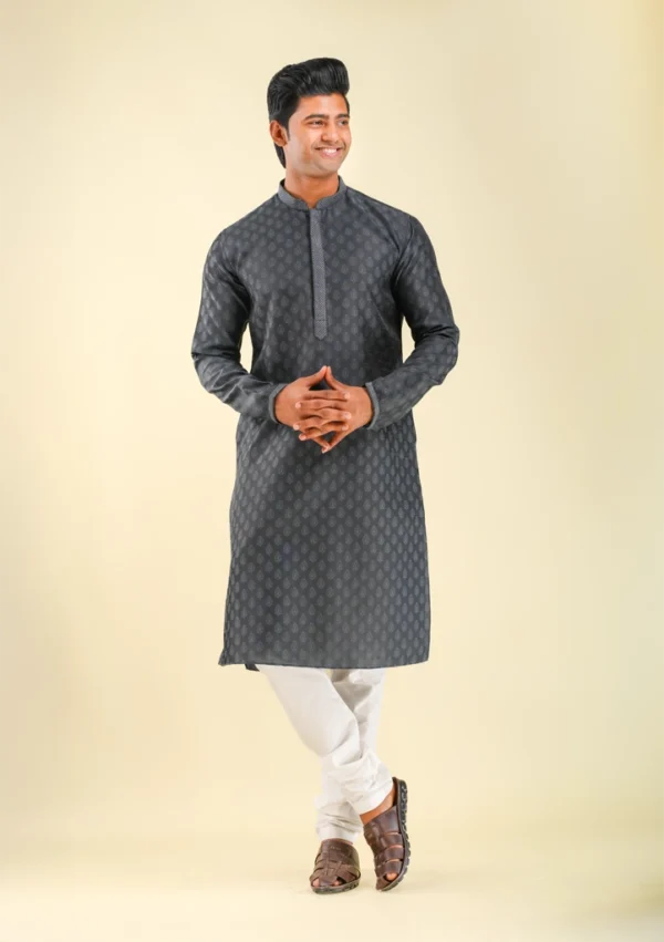 Nawab Parker Men's Gray Kurta Pajama with Leafy Motif for Wedding Attire front full view