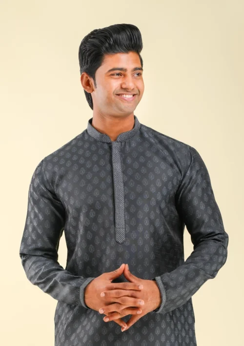 Nawab Parker Men's Gray Kurta Pajama with Leafy Motif for Wedding Attire front kurta view