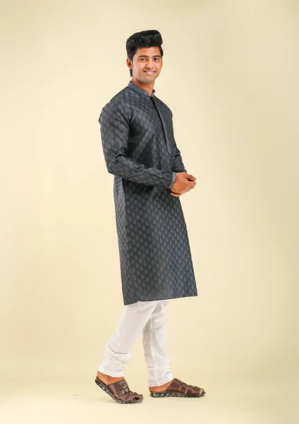 Nawab Parker Men's Gray Kurta Pajama with Leafy Motif for Wedding Attire right view