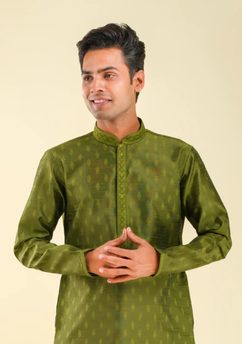 Nawab Parker Men's Green Kurta Pajama for Mehndi Ceremony front kurta view