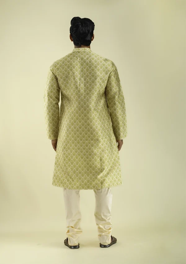 Nawab Parker Men's Mehndi Yellow Kurta Pajama with Damask Print back- view