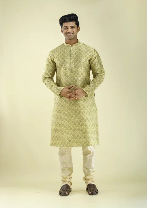 Nawab Parker Men's Mehndi Yellow Kurta Pajama with Damask Print front - view
