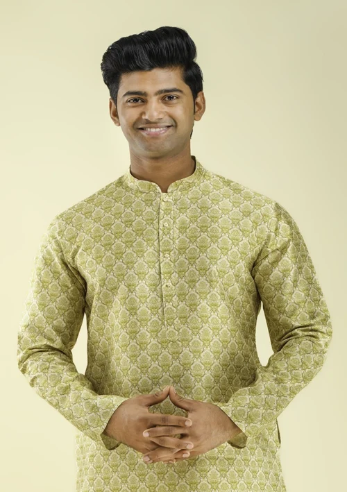 Nawab Parker Men's Mehndi Yellow Kurta Pajama with Damask Print half front - view