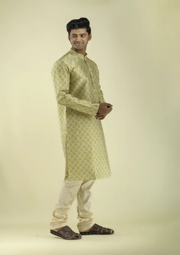 Nawab Parker Men's Mehndi Yellow Kurta Pajama with Damask Print left - view