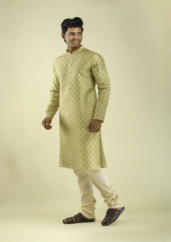 Nawab Parker Men's Mehndi Yellow Kurta Pajama with Damask Print right - view