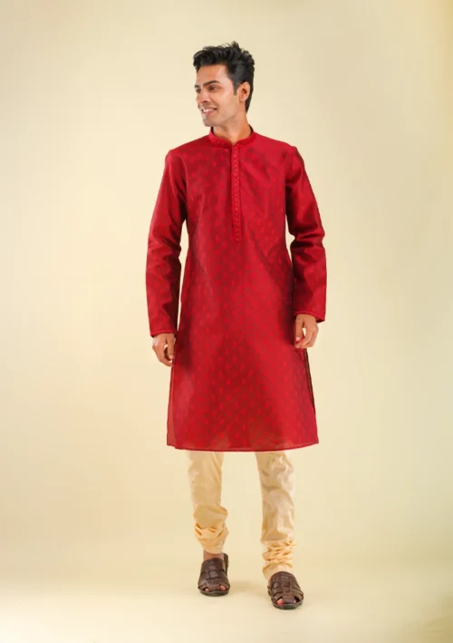Nawab Parker Men's Shiny Silk Maroon Kurta Pajama for Festive Occasions front full view