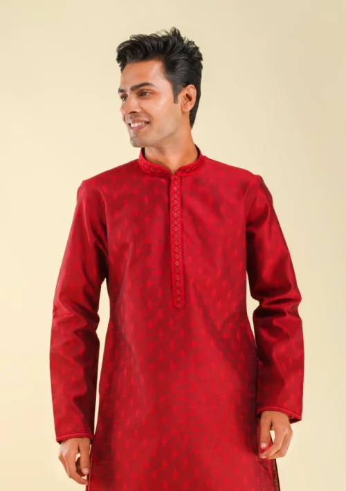 Nawab Parker Men's Shiny Silk Maroon Kurta Pajama for Festive Occasions front kurta view