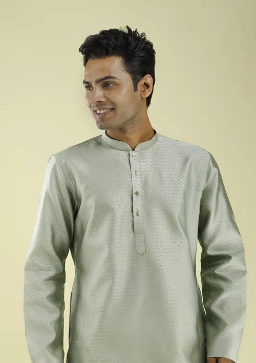 Nawab Parker Men's Soft Light Green Kurta Pajama for Festivals half front view