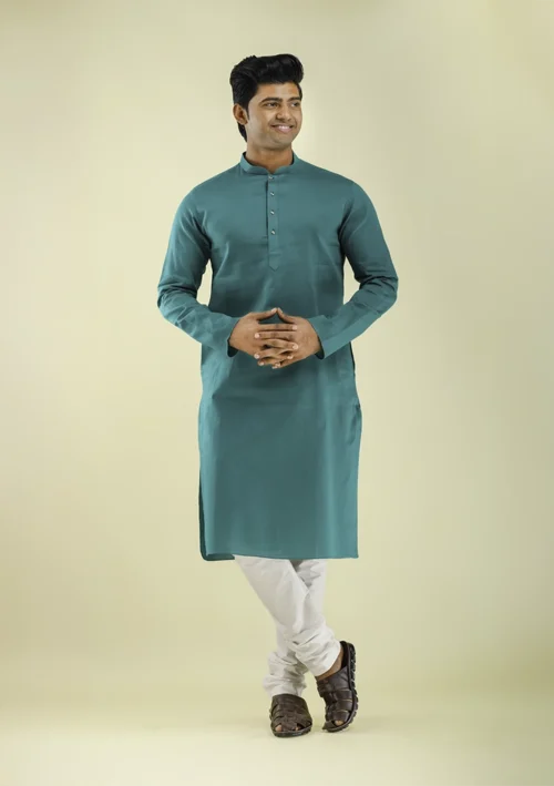 Nawab Parker Men's Teal Blue Viscose Kurta Pajama Minimalist Design front view