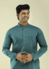 Nawab Parker Men's Teal Blue Viscose Kurta Pajama Minimalist Design half front view