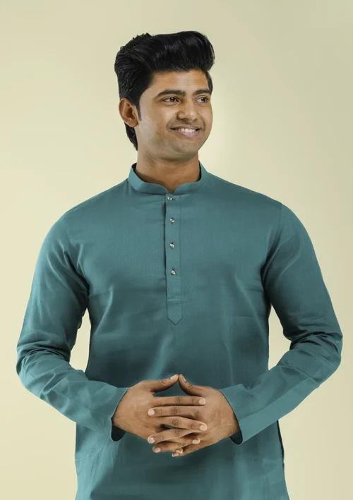 Nawab Parker Men's Teal Blue Viscose Kurta Pajama Minimalist Design half front view