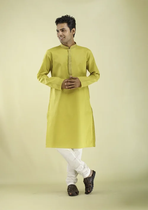 Nawab Parker Men's Traditional Poly Cotton Kurta Pajama Sunshine Yellow front view