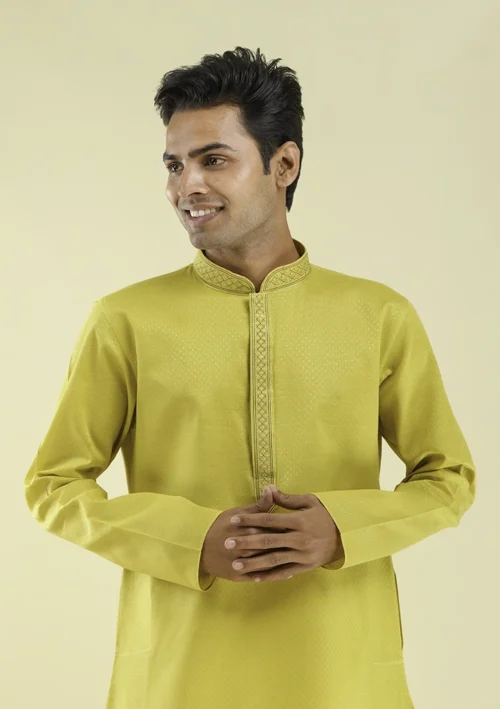 Nawab Parker Men's Traditional Poly Cotton Kurta Pajama Sunshine Yellow half front view