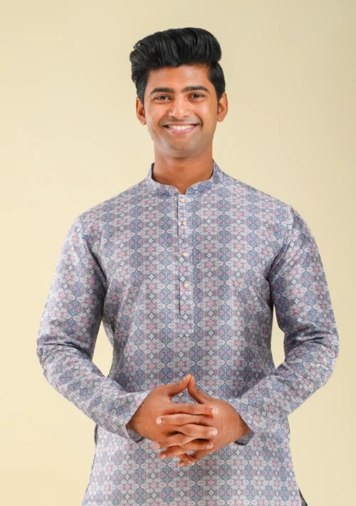 Nawab Parker Modern Geometric Print Kurta Pajama Style for Men front kurta view