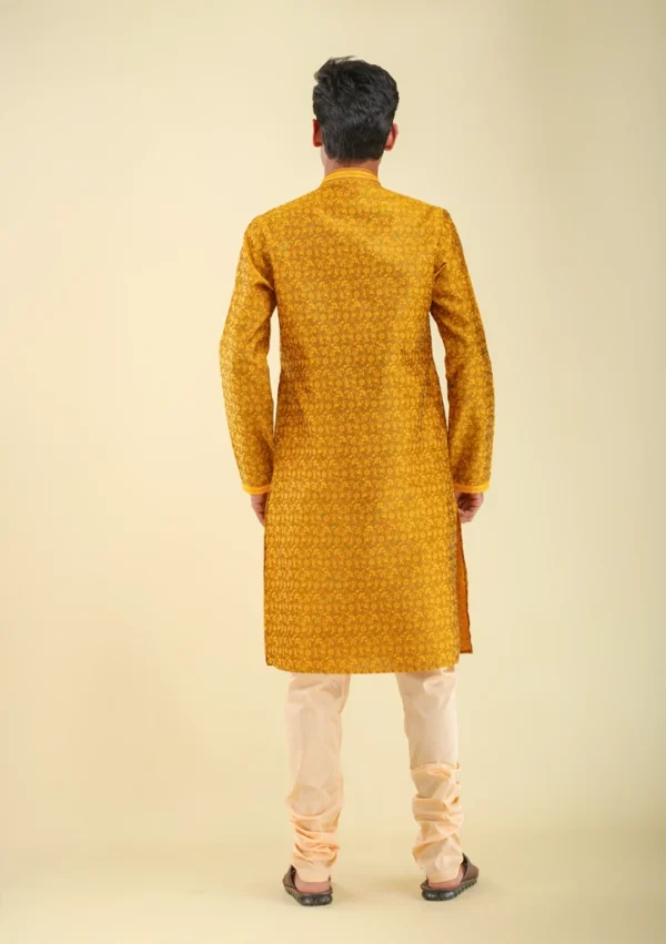Nawab Parker Mustard Yellow Kurta Pajama with Elegant Woven Texture back view