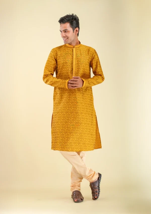 Nawab Parker Mustard Yellow Kurta Pajama with Elegant Woven Texture front full view