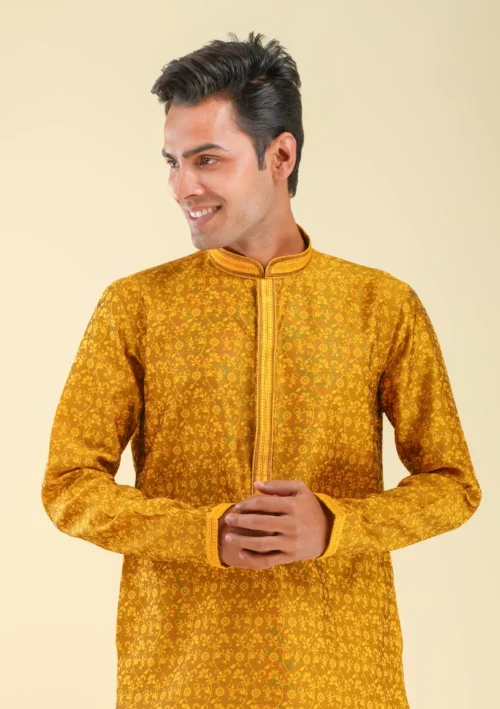 Nawab Parker Mustard Yellow Kurta Pajama with Elegant Woven Texture front kurta view