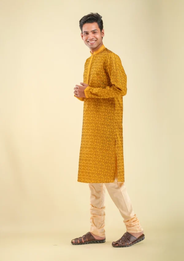 Nawab Parker Mustard Yellow Kurta Pajama with Elegant Woven Texture left view
