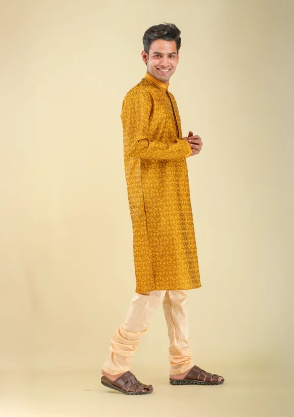 Nawab Parker Mustard Yellow Kurta Pajama with Elegant Woven Texture right view