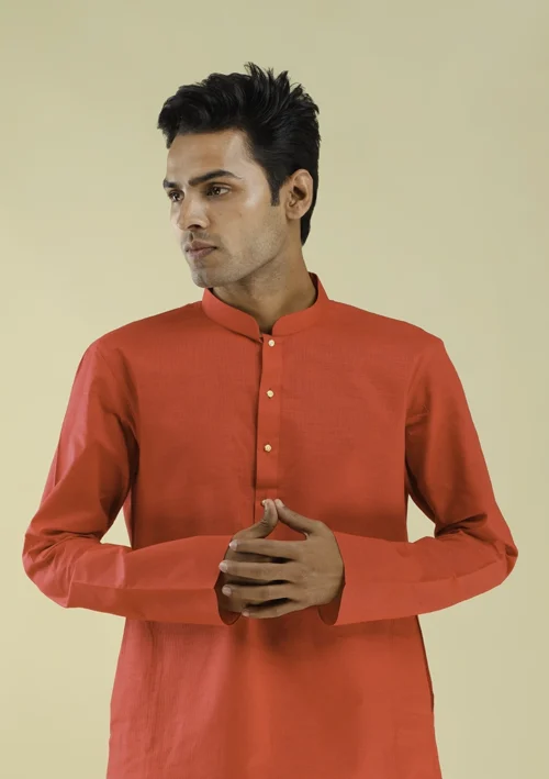 Nawab Parker Nawab Parker Cotton Blend Red Kurta Pajama for Men half front view