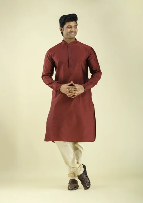 Nawab Parker Nawab Parker Full Sleeves Maroon Color kurta Pajama Set front view