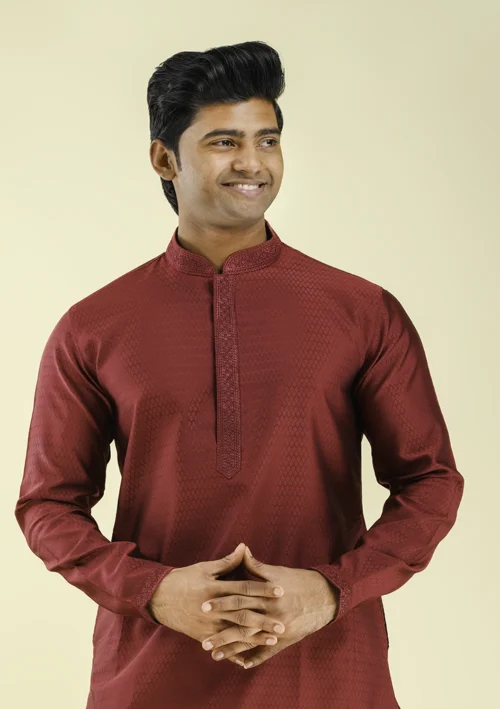 Nawab Parker Nawab Parker Full Sleeves Maroon Color kurta Pajama Set half front view