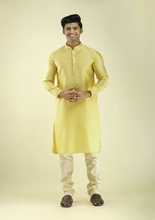 Nawab Parker Nawab Parker Full Sleeves Straight Yellow Kurta Pajama for Men front view